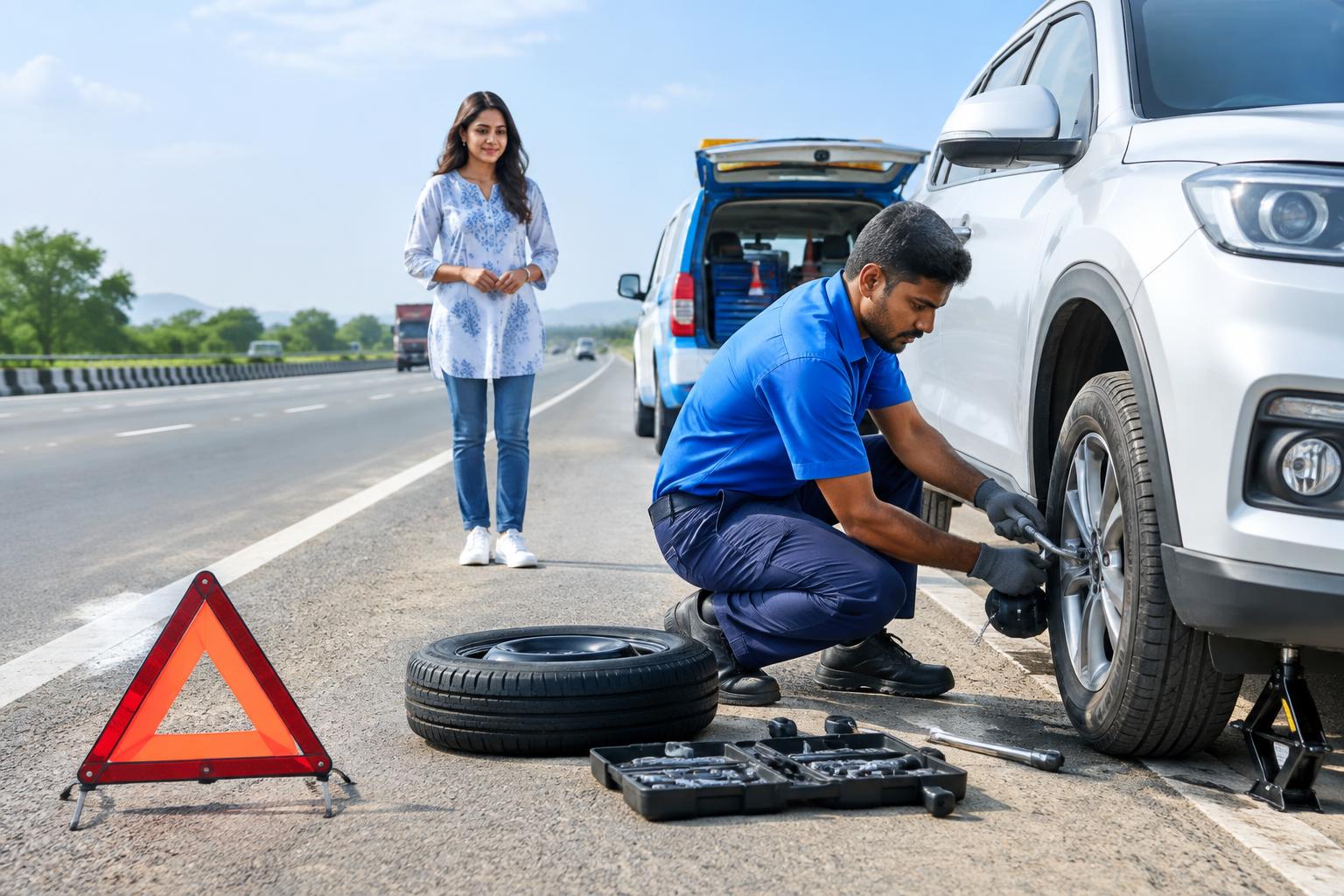Mechanic changing a car tyre on a highway shoulder
