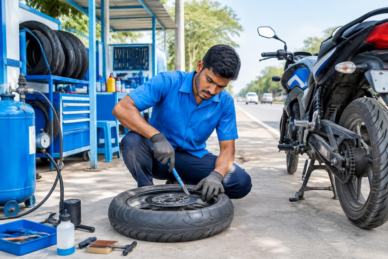 Mechanic repairing a motorcycle tubeless tyre by the roadside